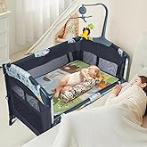 5-in-1 Baby Bassinet Bedside Crib, Pack and Play Long Next to Parents Bed Crib with Toys & Music Box, Mattress, Foldable Playard, Playpen Travel Bed Nursery Center for Girl Boy Infant Newborn