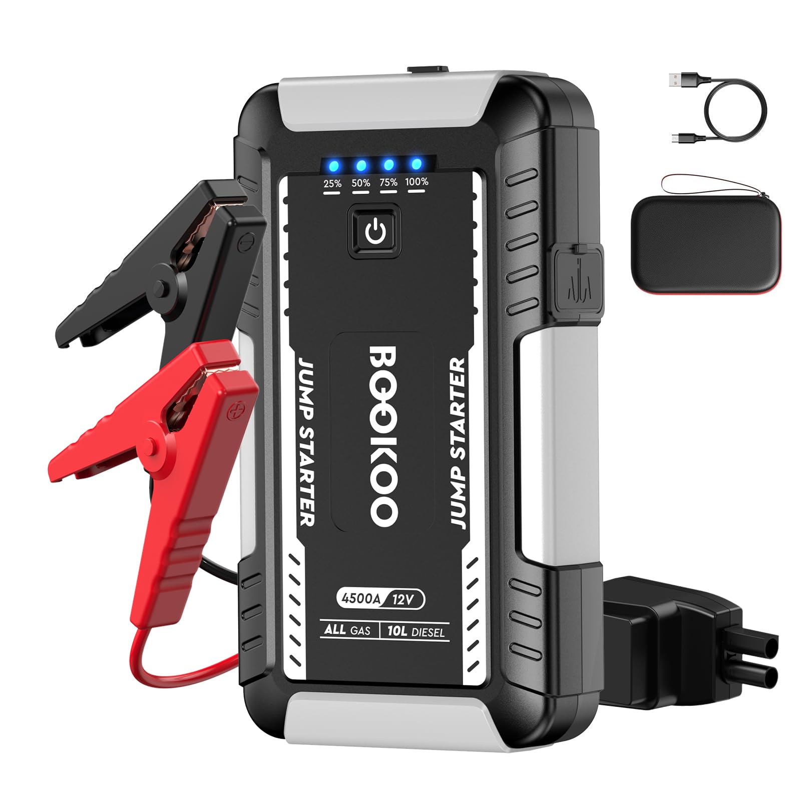 BOOKOO Jump Starter 4500A,12V Car Battery Jump Starter for Upto 10L Gas and 8L Diesel Engines,20000mAh Jump Box with Jumper Cables,USB QC3.0,LED Light Image