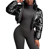 COZYPOIN Women's Metallic Shiny Cropped Puffer Jacket Long Sleeve y2k Zip Up Padded Down Short Coat Outerwear