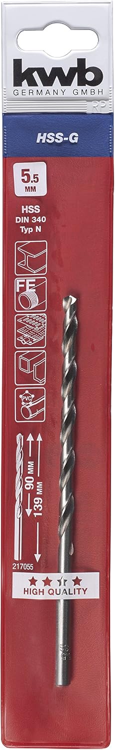 kwb Extra Long HSS Metal Drill Bit diameter 5.5mm, Precision Ground, Self-Centering, Industry Grade, 5,5 mm - Image 4
