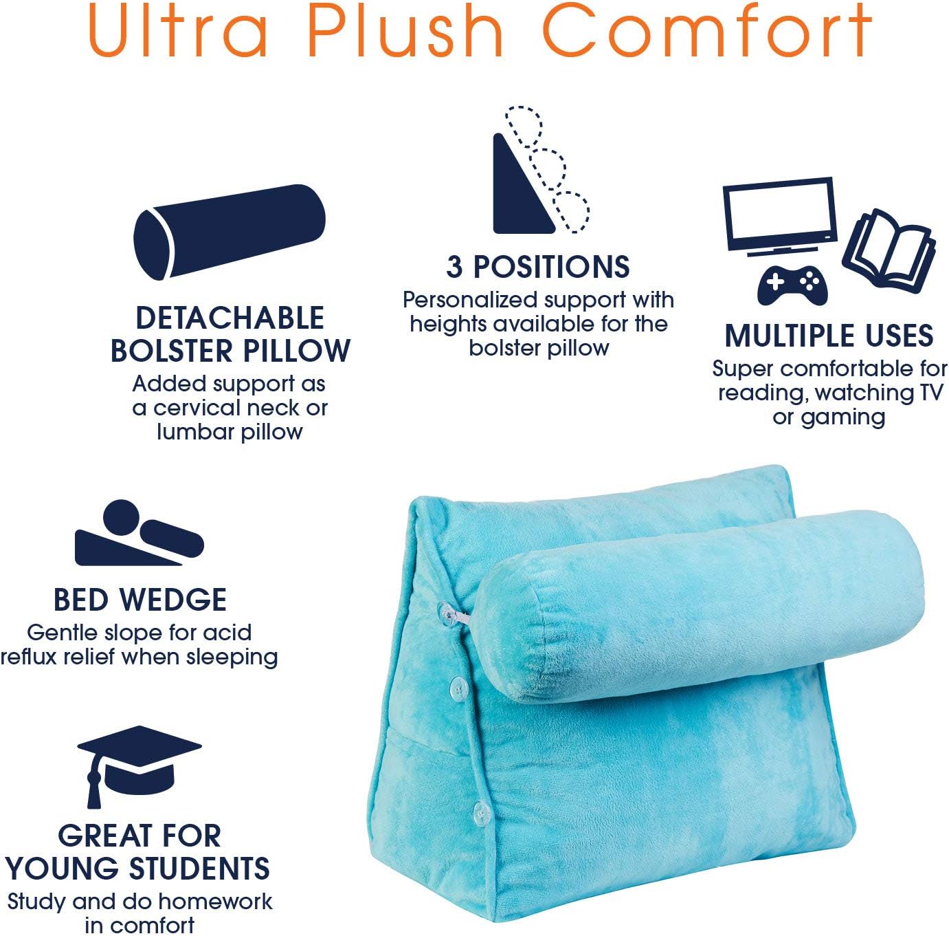 Cheer Collection Wedge Shaped Reading and TV Pillow with Adjustable Neck Pillow, Sky Blue: Home & Kitchen