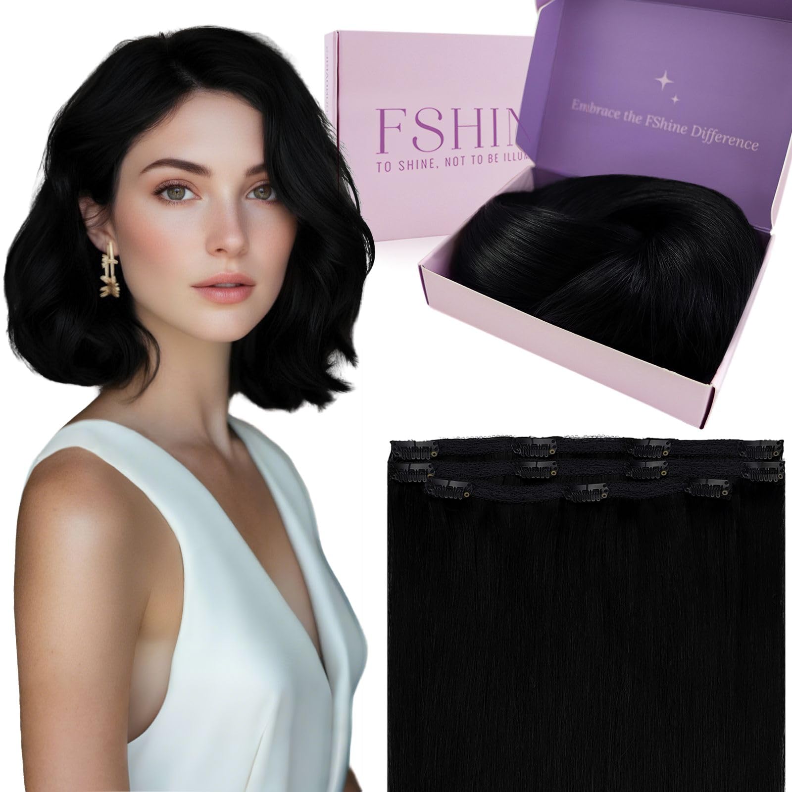 Fshine Clip in Human Hair Extensions Dark Brown 12 Inch 3pcs Remy Human Hair Clip in Extensions Jet Black Clip in Hair Extensions Real Human Hair Brown Silky Soft 50g — image 1