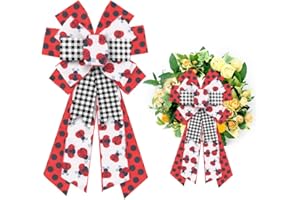 HEUREPPY Large Spring Ladybug Wreath Bow Spring Ladybird Red Black Spots Dots Bows for Wreaths, White Black Plaid Ribbon Bows Tree Topper Bows for Spring Home Indoor Outdoor Decoration Wreath Ornament Supplies