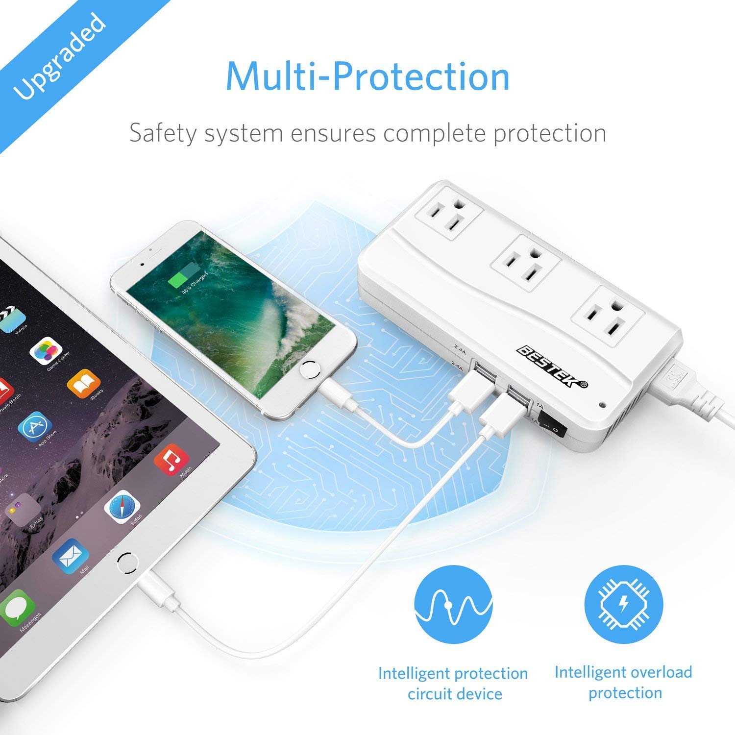 BESTEK Universal Travel Adapter 220V to 110V Voltage Converter with 0-2.4A 4 Port USB Charging and UK/AU/US/EU Worldwide Plug Adapter (White)