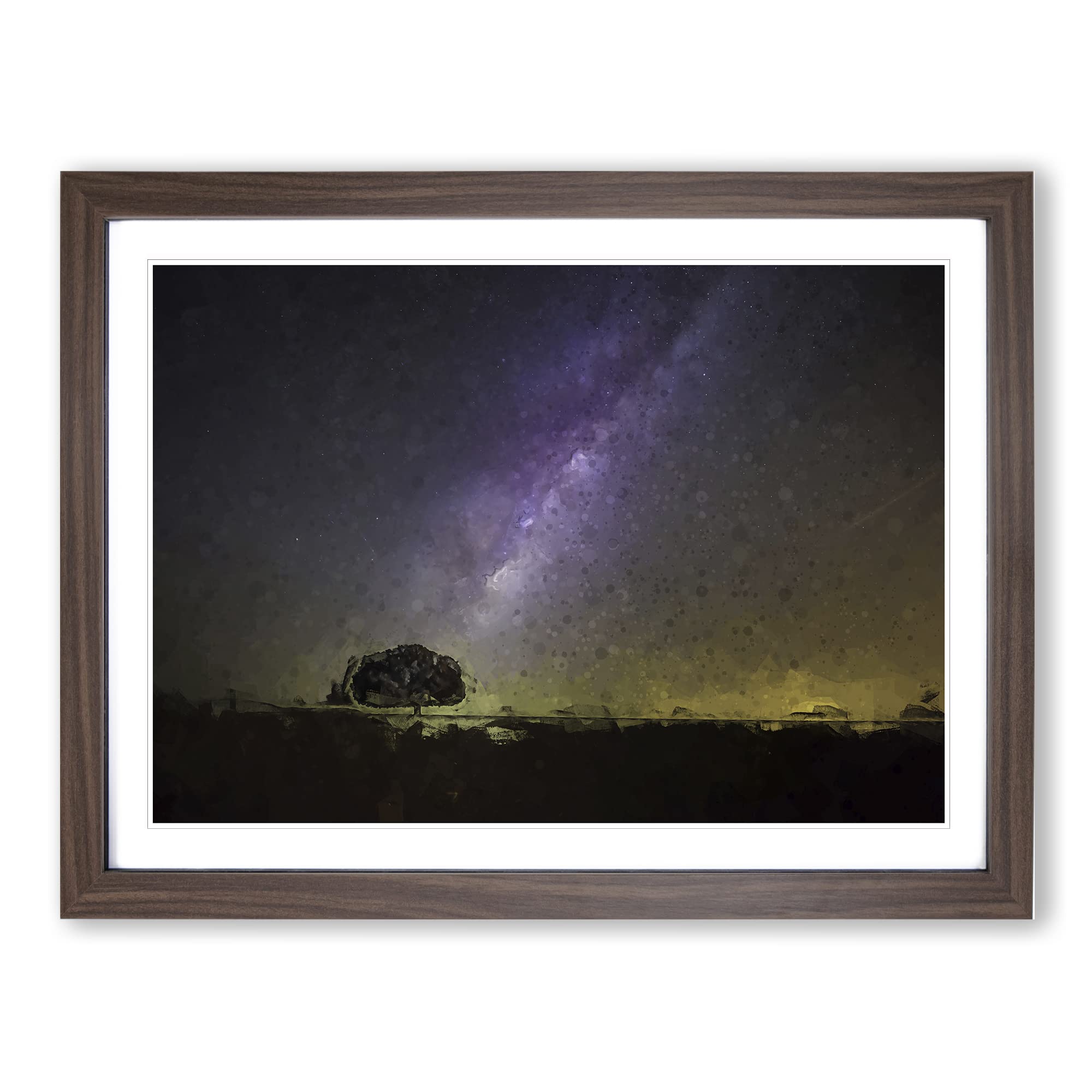 Tree Beneath The Milky Way In Abstract Modern Art Framed Wall Art Print, Ready to Hang Picture for Living Room Bedroom Home Office Décor, Walnut A4 (34 x 25 cm)