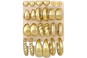 FANDY 12 Pairs Chunky Gold Hoop Earrings for Women Trendy, Gold Plated Lightweight Hypoallergenic Stack, Thick Open Twisted Huggie Hoops Earring Set