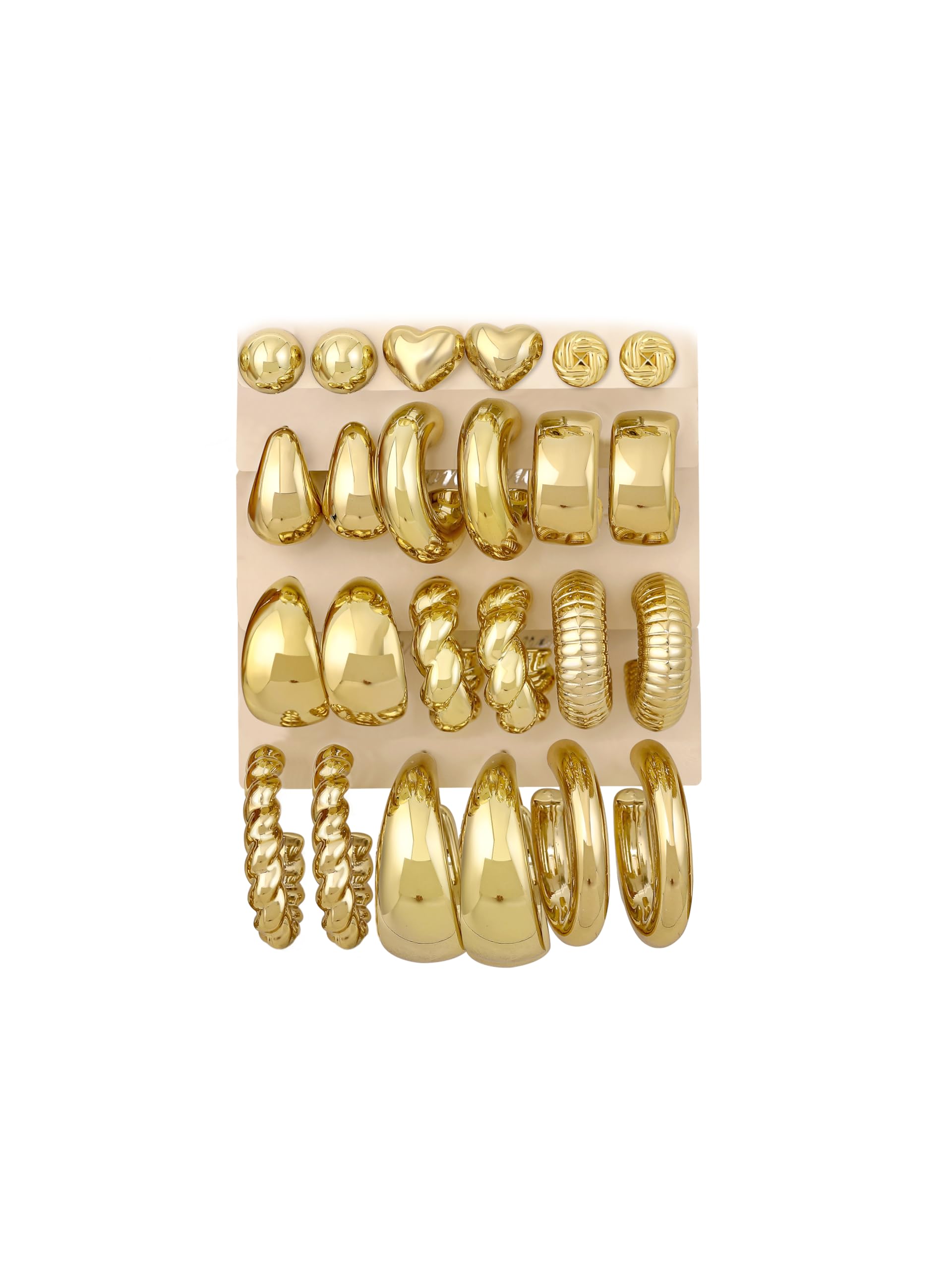 Photo 1 of 12 Pairs Chunky Gold Hoop Earrings for Women Trendy, Gold Plated Lightweight Classics Hypoallergenic Stack, Thick Open Twisted Huggie Hoops Earring Set