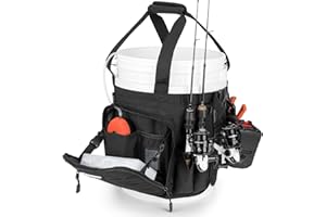 KastKing Karryall Fishing Bucket Organizer for 5 Gallon Bucket, Ice Fishing Tackle Bag with Adjustable Buckle, Rod & Plier Holder and Multi-Pockets for Fishing Gear & Accessories Storage,Black