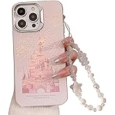 Pretaco for iPhone 16 Pro Max Case, [Deluxe Fashion Pink Case][Laser 3D Fireworks Castle Case][Premium Case with Bracelet] PC+TPU Shockproof and Drop Resistant for Women and Girls