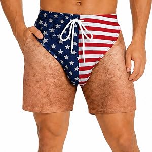 MIORADSY Customized Funny US Flag 3D Hairy Legs Swim Trunks for Men | Features a hilarious 3D prank design with customizable