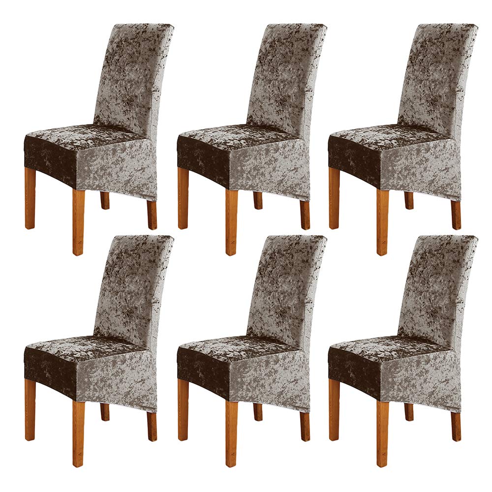 ele ELEOPTION Crushed Velvet Stretchable Elastic Chair Covers for Dining Room Wedding Banquet Party Decoration, XL High Back Chair Protector Slipcover (Khaki, Pack of 6)
