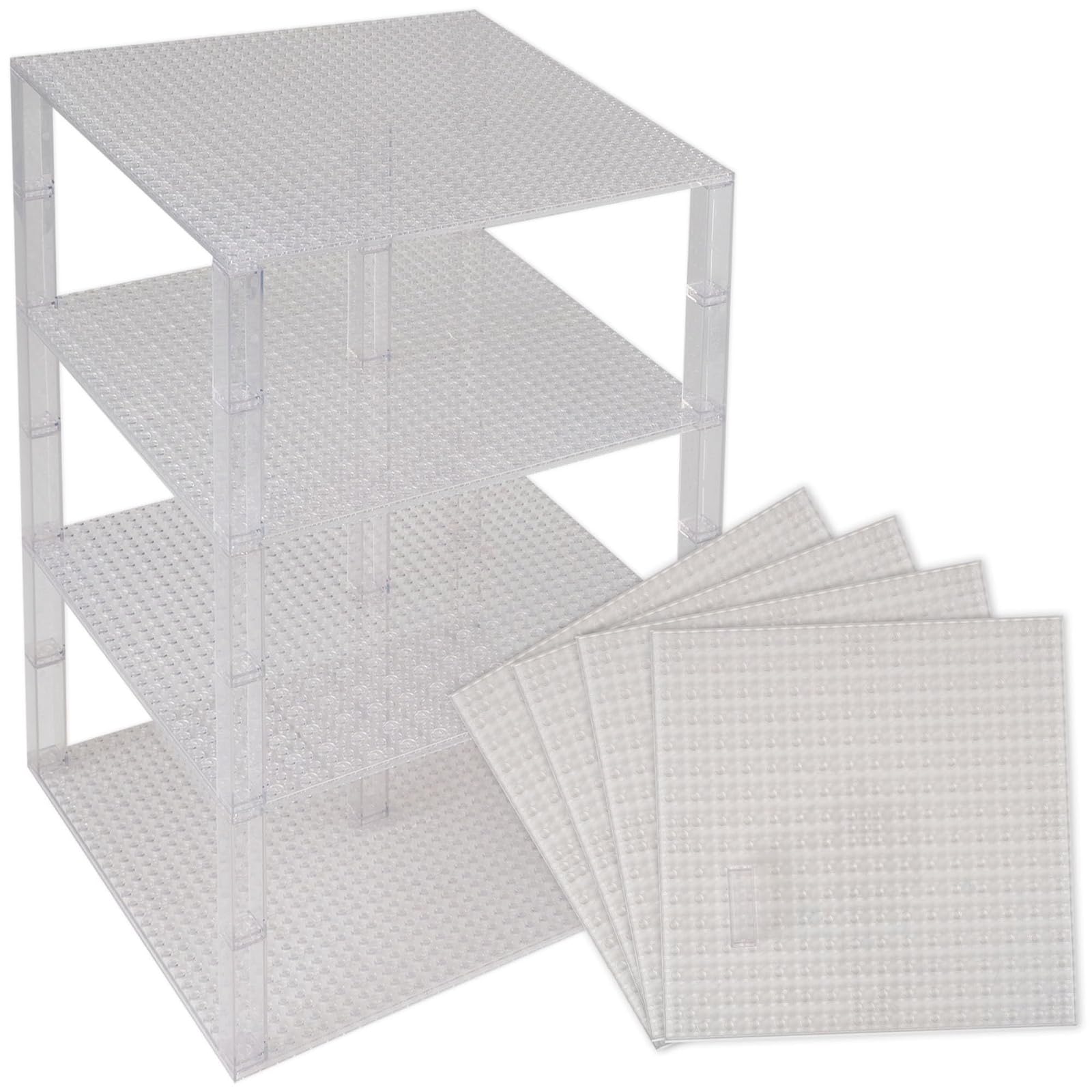 Premium Clear Stackable Base Plates - 4 Pack 10" x 10" Baseplate Bundle with 30 Clear New and Improved 2 X 2 Stackers - Compatible with all Major Brands - Tower Construction