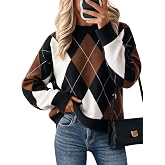 Cicy Bell Sweaters for Women Argyle Plaid Color Block Knit Pullover Tops | Long Sleeve,Crewneck,Oversized,Preppy,Vintage,Lightweight,Chunky,Cute,Loose Fit,Dressy,Fall Winter