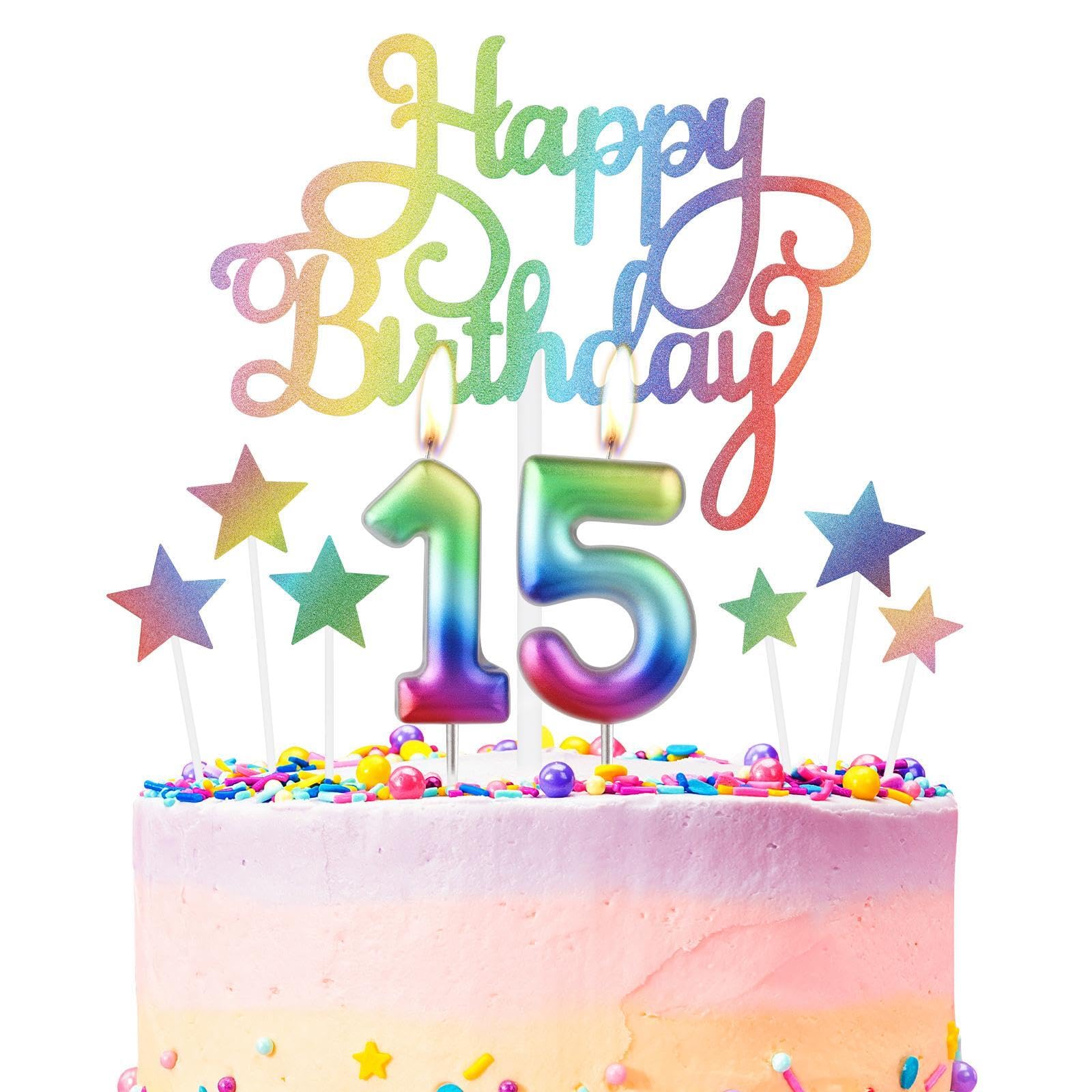 Rainbow Number 15 Birthday Candle for Cake, Metallic Rainbow Birthday Candles Cake Toppers, Happy 15th Birthday Candle, Colorful Cake Candles Cake Toppers for Girls Boys Birthday Party Decorations — image 1