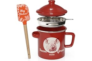 PGYARD Bacon Grease Container With Strainer, 46OZ Large Enamel Grease Container, With Silicone Spatula, Farmhouse Bacon Grease Keeper-Red