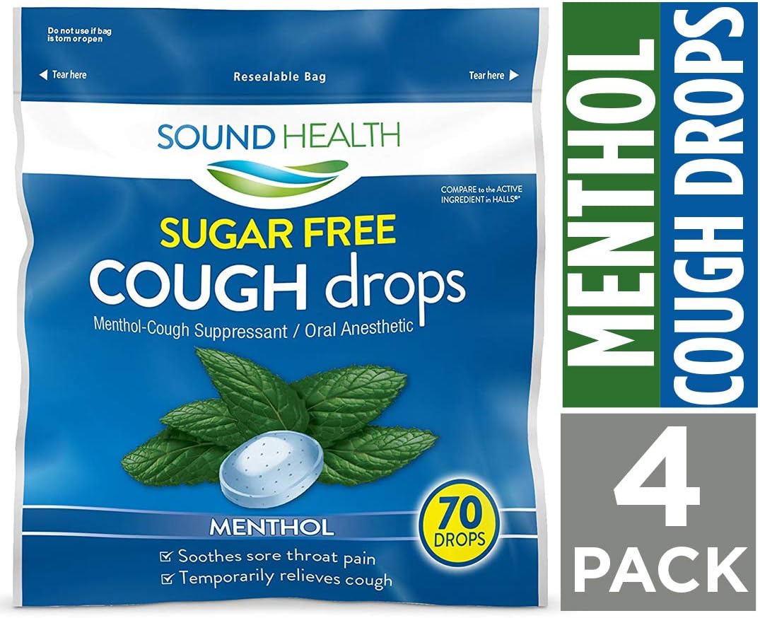 SoundHealth Sugar Free Menthol Cough Drops, Throat Lozenge, Cough Suppressant, 70 Count Bag, 4 Pack