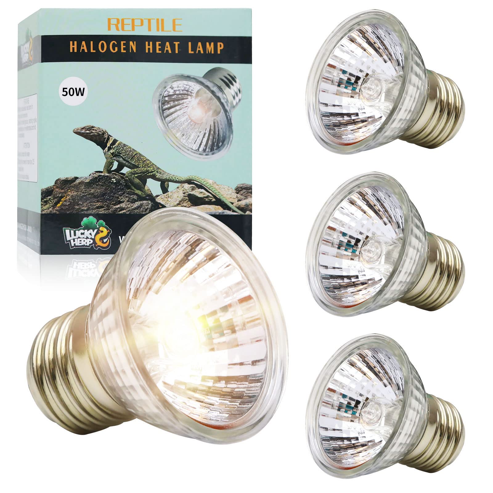 LUCKY HERP Reptile Heat Lamp Bulb 50W 4Pack, UVA UVB Basking Lamp Bulb for Tortoise, E27 Halogen Heat Light for Turtle, Lizard, Bearded Dragon