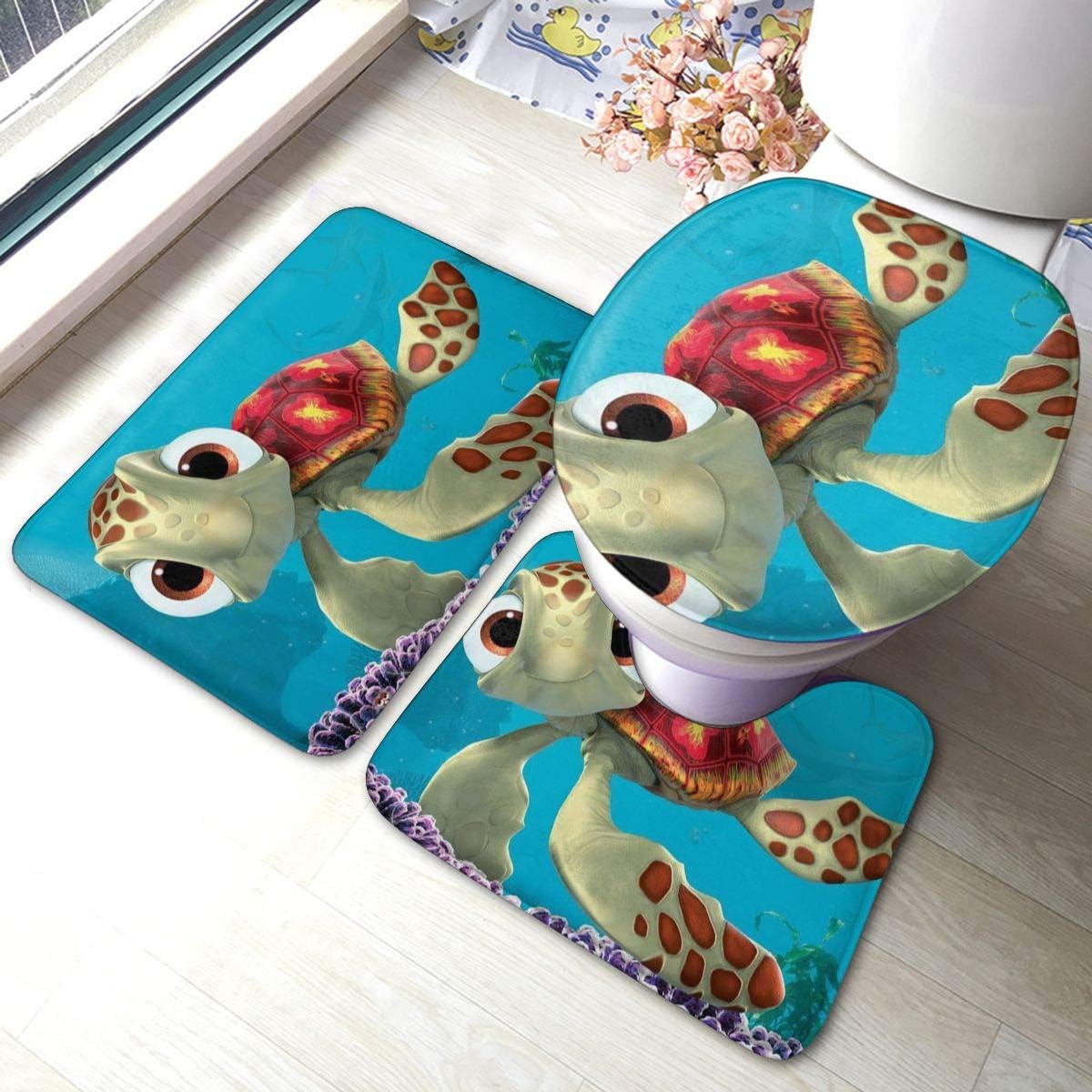 Amazon Com Bathroom Mat 3 Pieces Set Finding Nemo Sea Turtles Soft Non Slip And Absorben Bathroom Rugs U Shaped Contour Rug Toilet Lid Cover Kitchen Dining