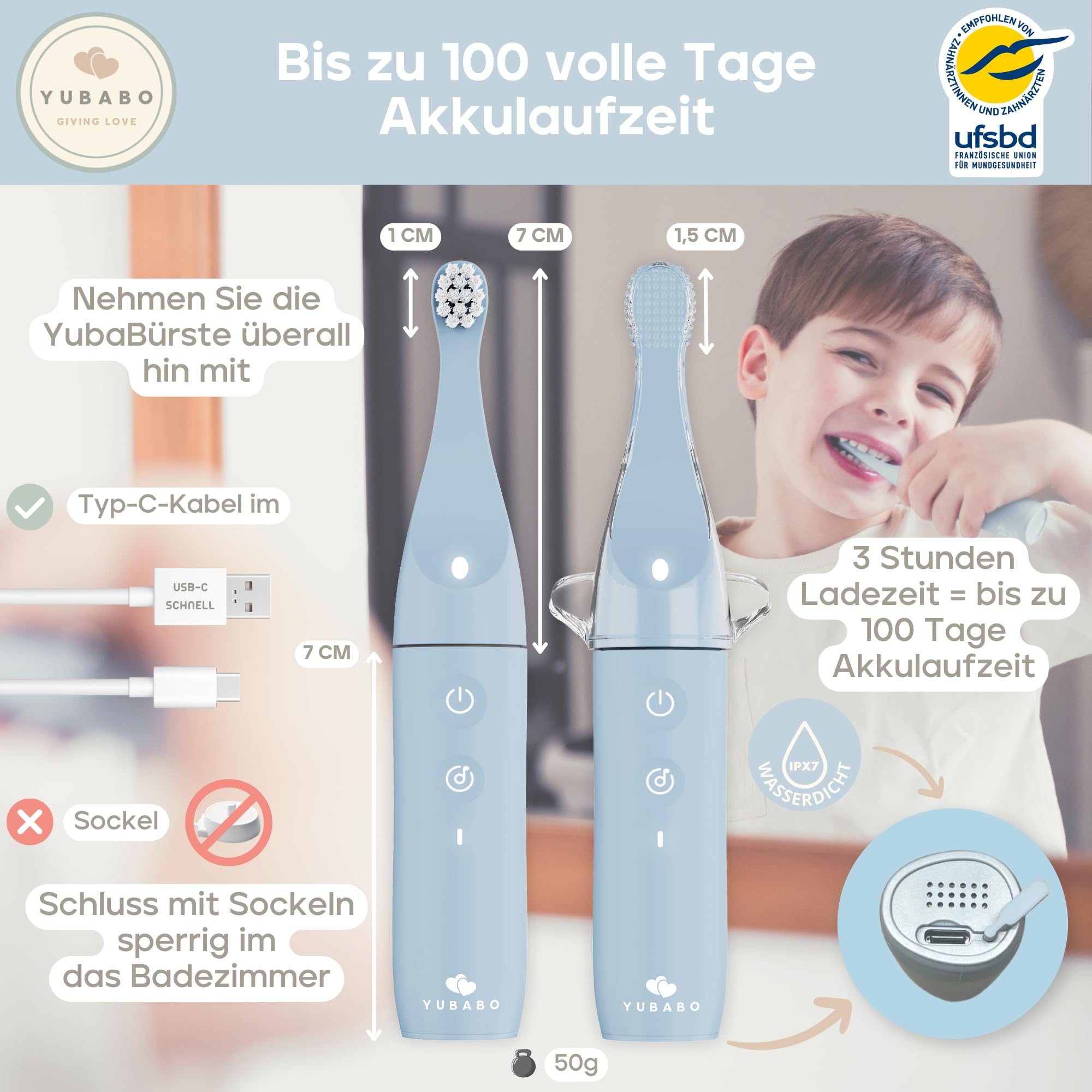 YUBABO – Elektrische Kinderzahnbürste mit Musik und Baby-Modus – 2 Schallmodi – 100 Tage Akkulaufzeit – 2-Minuten-Timer – 101 Aufkleber – Von Zahnärzten empfohlen – 1 bis 3 Jahre – Blau 6