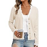 Cicy Bell Womens Lace V Neck Cardigan Sweaters Button Down Long Sleeve Knit Tops Fall Trendy Lightweight Open Front Sweater