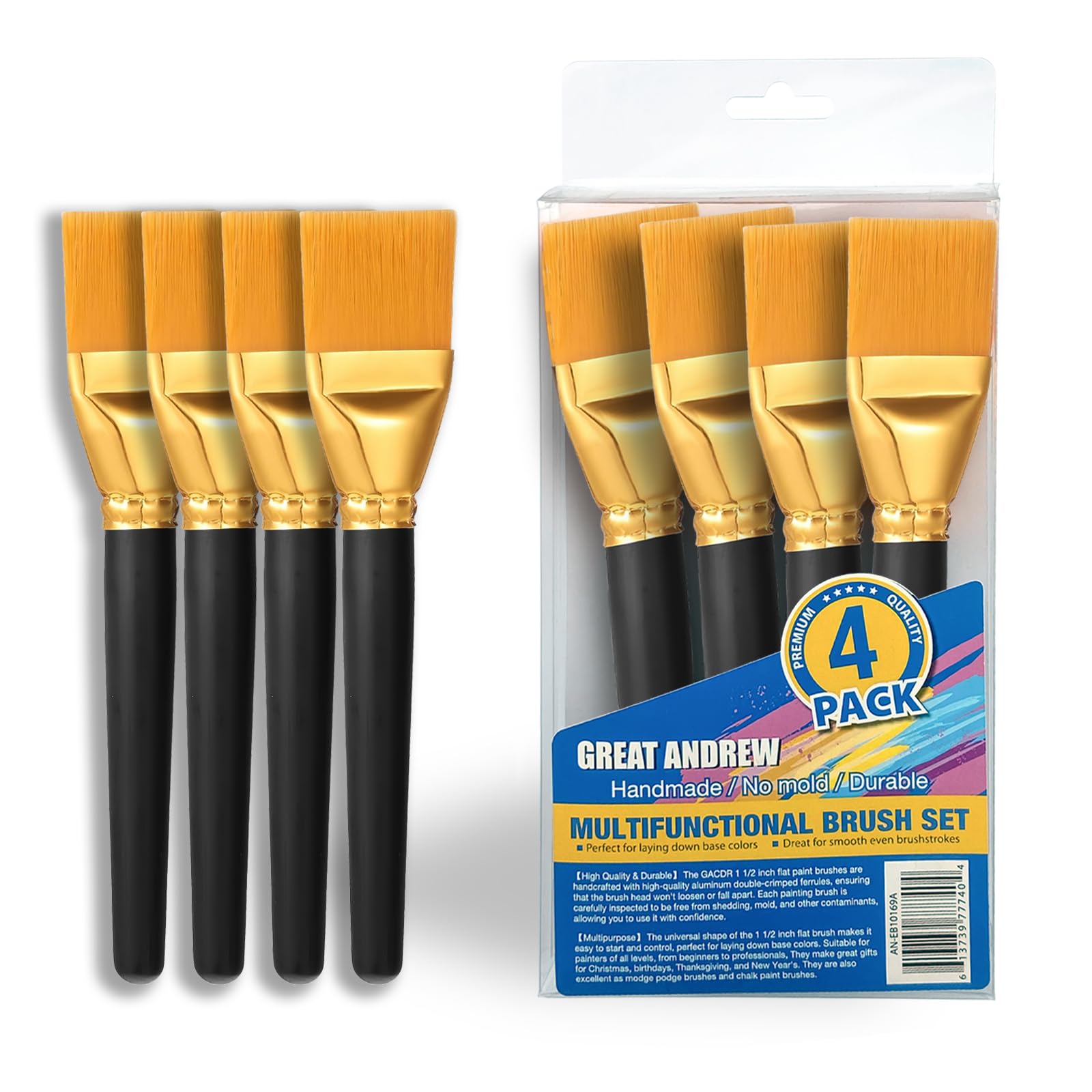 View 1 of 1 1/2 inch Flat Paint Brushes for Acrylic Painting, 4 PCS Craft Paint Brushes with Wooden Handle for Acrylic, Watercolor, Oil, Crafts, Body, Facial Mask DIY Painting