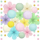 20Pcs Pastel Party Decorations & Hanging Paper Lanterns - Flower Fans Set with Glitter Garland for Pastel Classroom Decor, Office, Baby Shower, Wedding, Spring & Easter Wall Decor