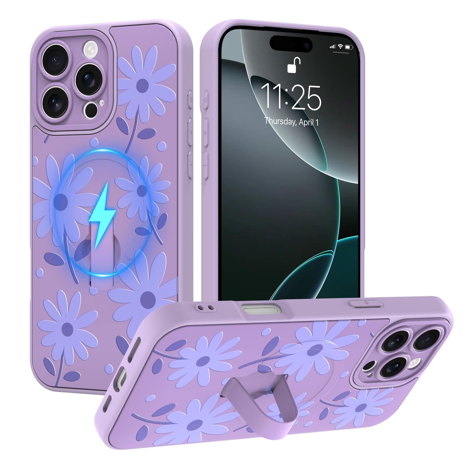 MOWIME Magnetic for iPhone 16 Pro Max Case with Finger Strap, Compatible with Magsafe, Daisy Floral Pattern for Women Girls, Slim Shockproof Soft TPU Case for iPhone 16 Pro Max 6.9 Inch, Purple