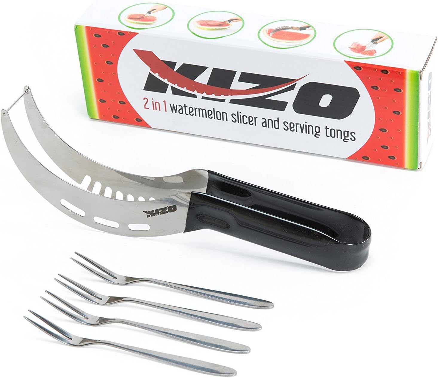 Kizo Stainless Steel Watermelon Slicer/Corer and Serving Tongs with Long Grip Handle and Set of 4 Fruit Forks