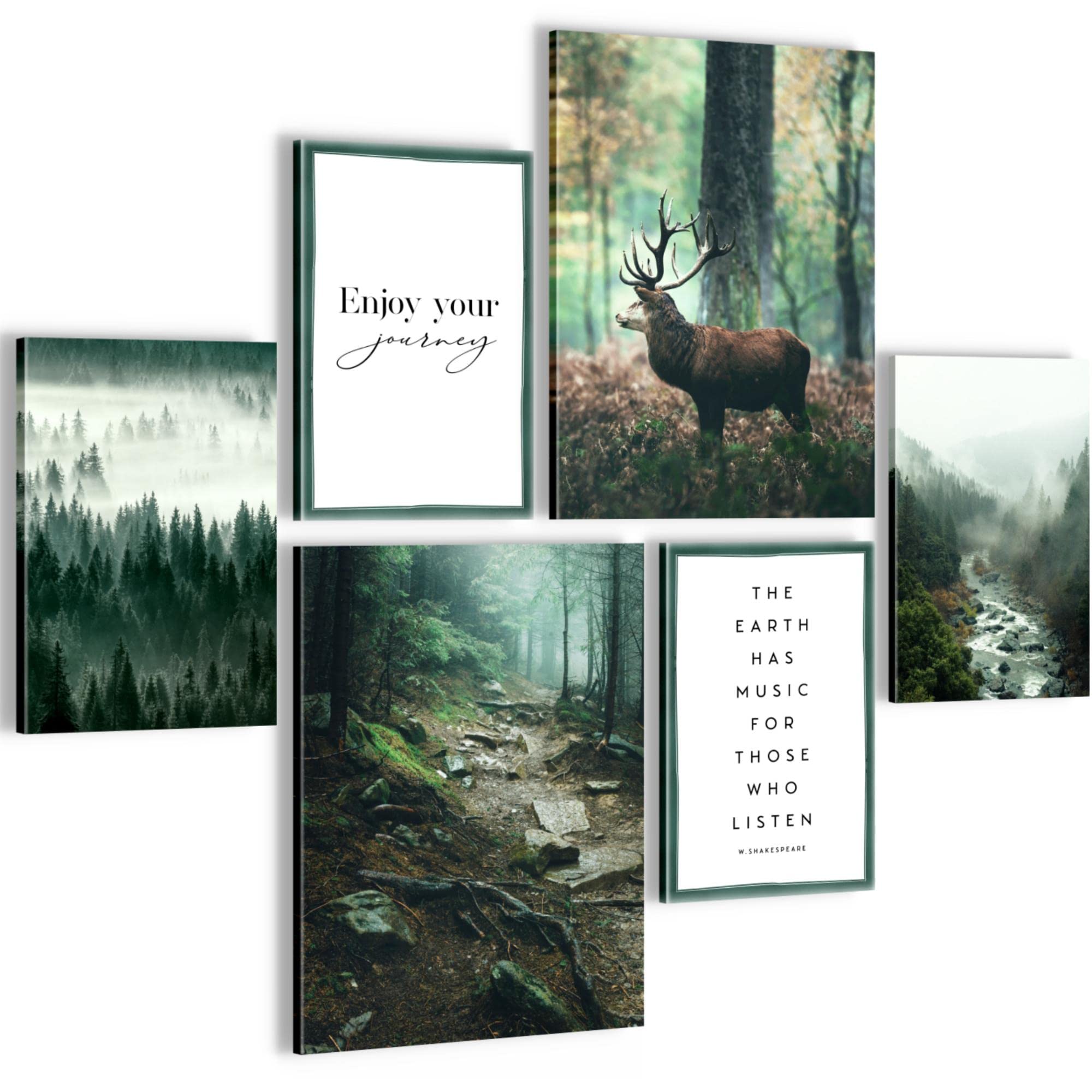 Set of Wall Pictures Forest Deer - STYLISH, NO FRAME REQUIRED - Modern Collage Natural Green - Living Room Bedroom - N004663a