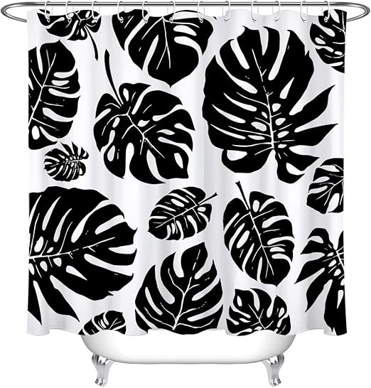 Amazon Com Lb Black White Tropical Leaves Pattern Shower Curtain For Bathroom Monstera Leaf Print Bathroom Set 70 X 70 Inch Water Repellent Fabric Curtain Home Kitchen