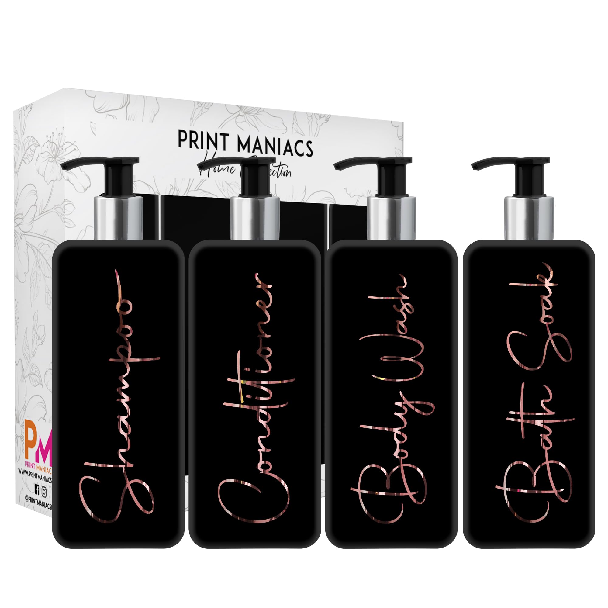 Print ManiacsMrs Hinch Inspired Signature Black 500ml Square Reusable Dispenser Bottle Silver Pump Personalised Bathroom Storage Toiletries Set F2 (Rose Gold, Shamp, Con, Body Wash, Bath Soak)