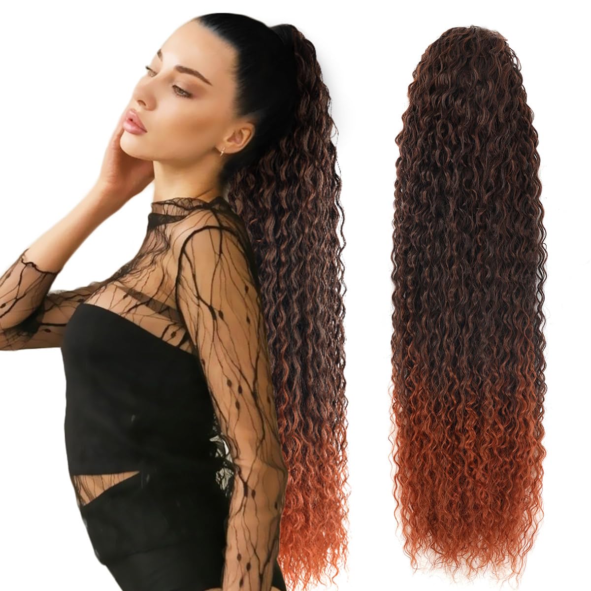 Drawstring Ponytail Extension, 30 inch Long Curly Ponytail Hair Extension Synthetic Hairpiece for Women(MT350#, 30 inch) — image 1