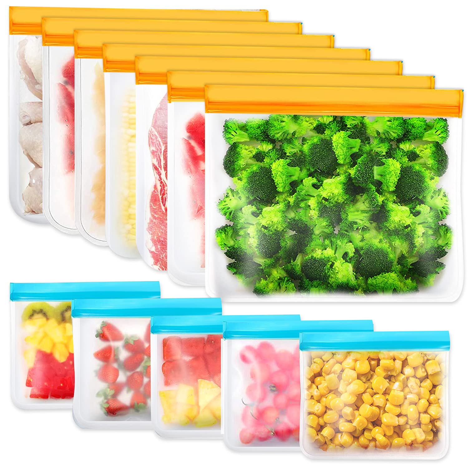 IDEATECH 12 Pack Freezer Bags Silicone Reusable Food Meal Prep Leak Proof Bag Washable Plastic Medium Small Zip Lock Boxes for Kitchen Vegetables Snacks