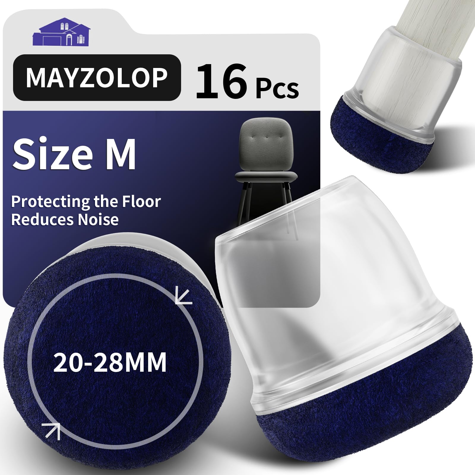 MAYZOLOP 16PCS Chair Leg Floor Protectors, Ø20-28mm Round Transparent Silicone Chair Leg Caps with Navy Blue Felt Pads, Hardwood Floor Protectors for Furniture Legs,No Scratches No Noise