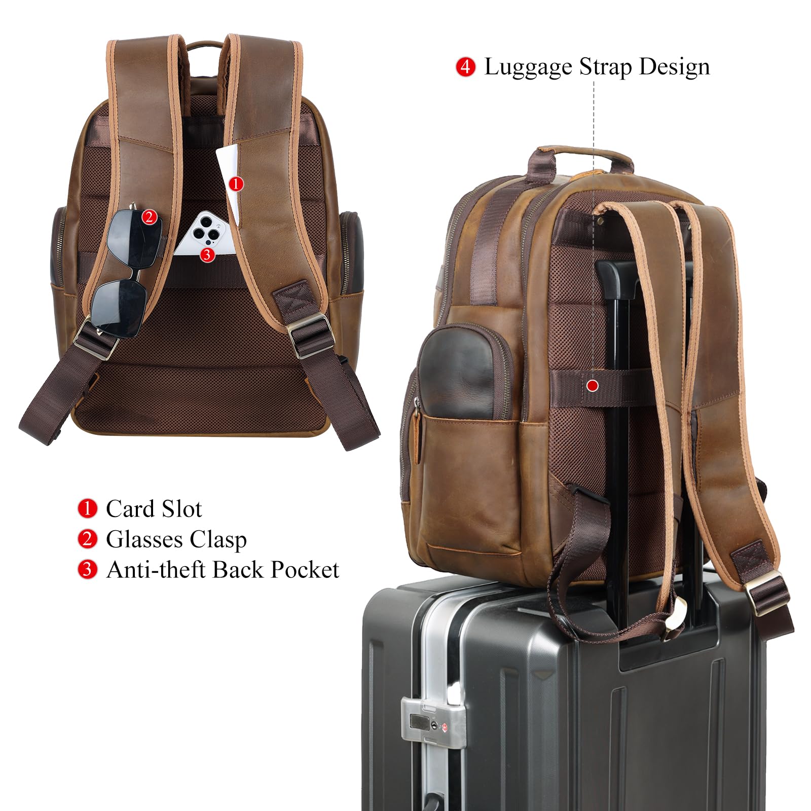 TIDING Men's Vintage Leather Backpack 15.6