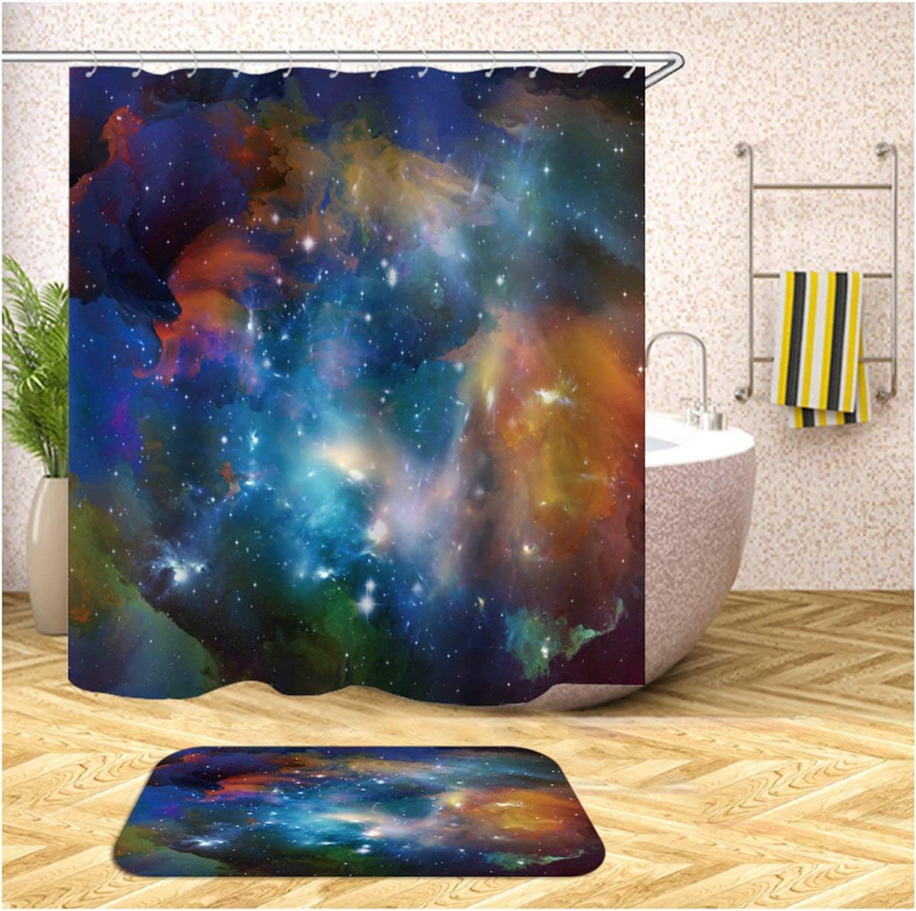 Aokarry 2 Pieces Polyester Shower Curtain & 40x60cm Bath Mat Set Colorful Cosmic Starry Sky 60x72 ''