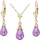 Galaxy Gold GG 14k Solid Gold Jewelry Set: Natural Briolette Purple Amethyst Pendant Necklace Dangle Earrings