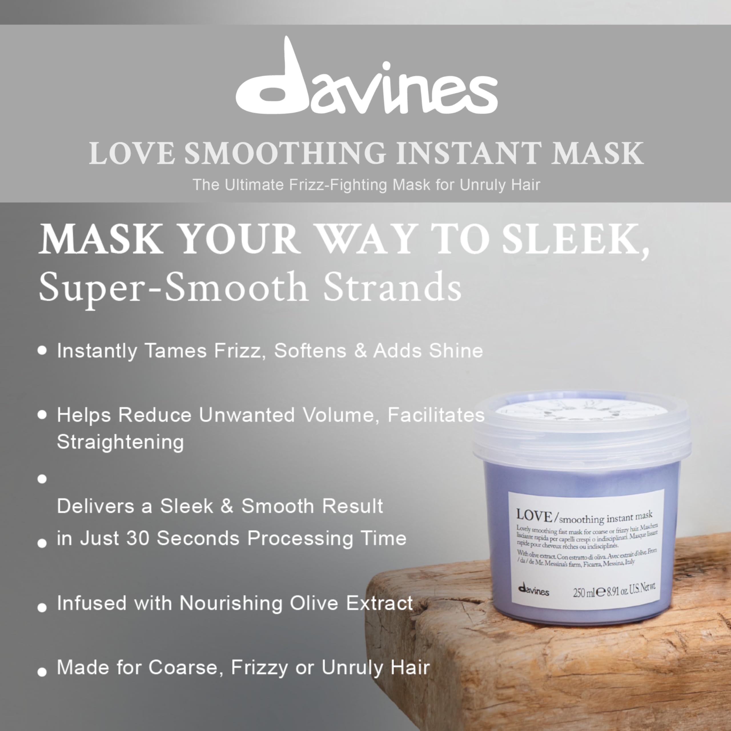 Davines LOVE Smoothing Instant Mask, Anti-Frizz Action for Sleek and Smooth Results, 1 Count, 8.45 fl. oz.