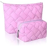 Huhumy 2 Pc Makeup Bag Set Cute Quilted Cosmetic Pouch for Women Travel Toiletry Bag Preppy Small Makeup Purse Pouch Skincare Brushes Storage Organizer Pencil Case Set(Knitted,Quilted,Rose Pink)