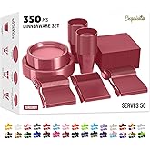 350 Pcs Burgundy Plastic Plates For Party, Burgundy Disposable Plates Set, 50 Of Each 9" Dinner Plate Set, 7" Dessert Plate, Cups, Napkins & Cutlery Plastic Dinnerware Exquisite