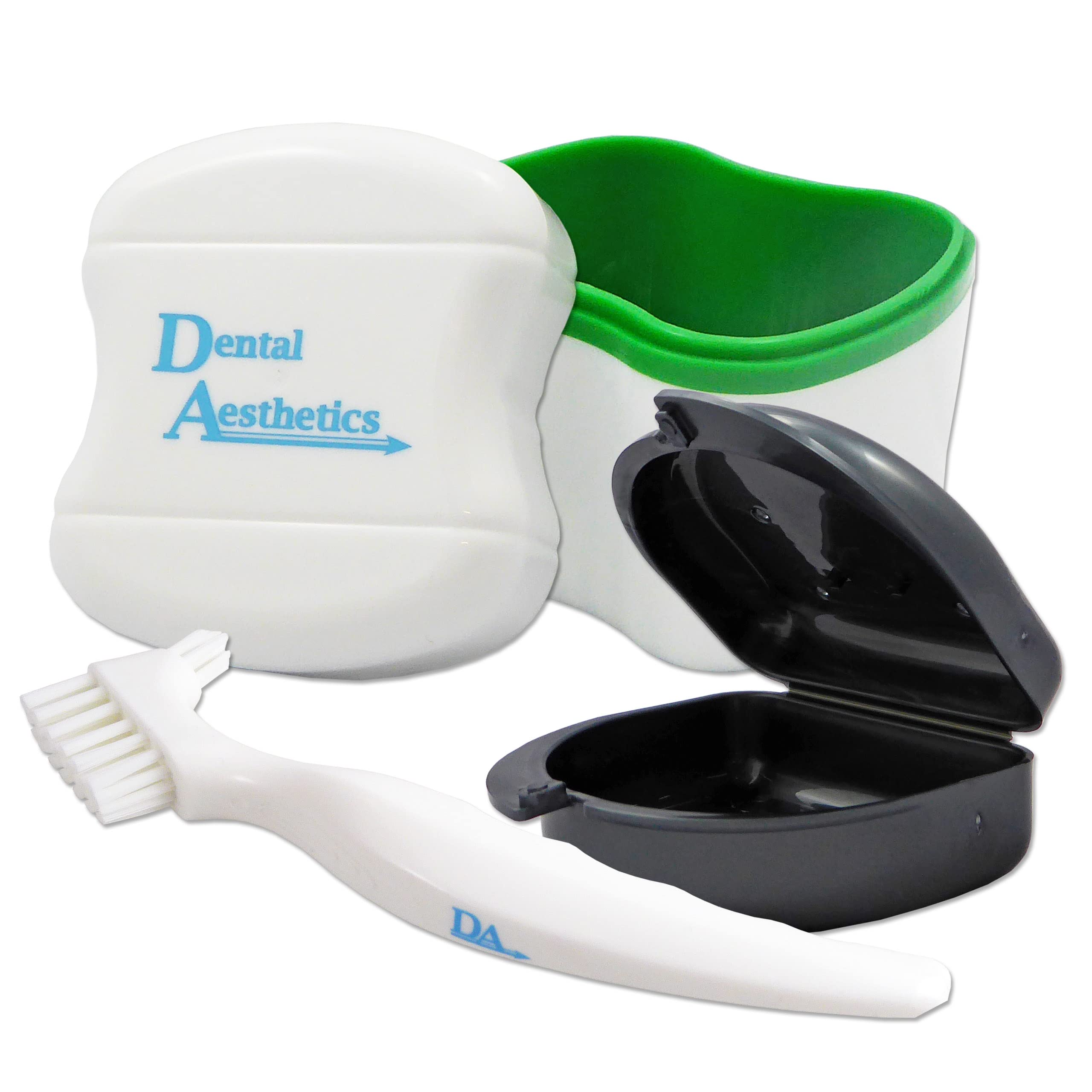Dental Bath, Retainer Case and Brush ~ Storage Case and Container for Soaking and Cleaning Ortho Retainers (Green Bath, Dark Grey Case)