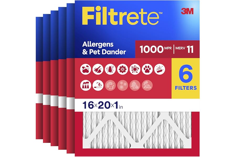 Filtrete 16x20x1 Air Filter, MERV 11, MPR 1000, Allergens & Pet Dander, 3-Month AC and Furnace Filters, Cleaner Air, Reliable Airflow, 6 HVAC Filters (Actual Size 15.68 x 19.68 x 0.81 in)