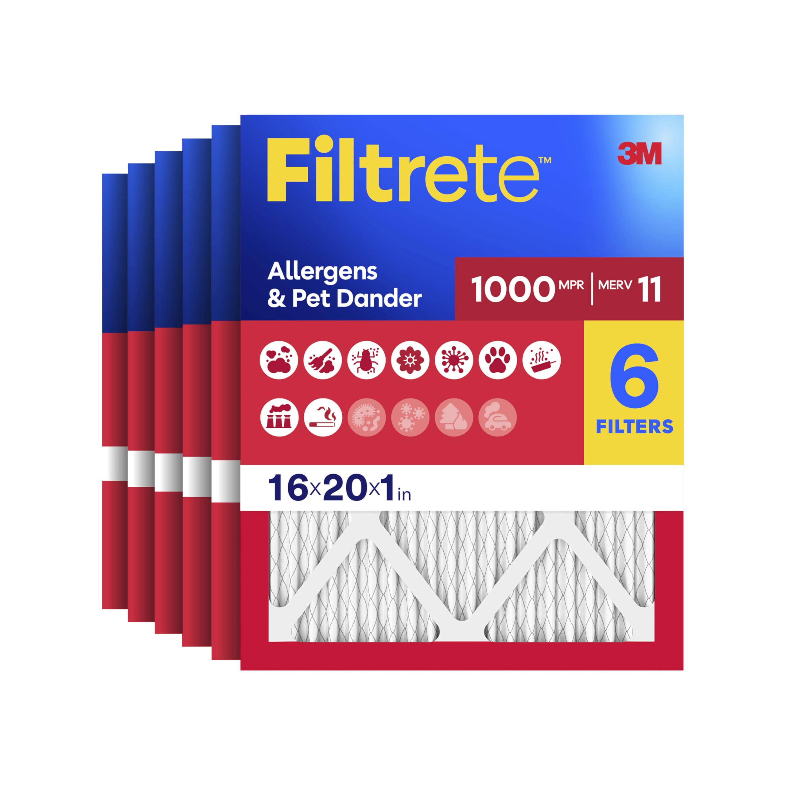 Filtrete 16x20x1 Air Filter, MERV 11, MPR 1000, 6 HVAC Filters
