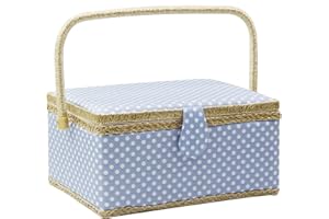 FLRHSJX Large Sewing Basket with Accessories,Wooden Sewing Organizer Box for Sewing Supplies and DIY Crafting Tools Storage,Sewing Kit Tools for Sewing Mending,Polka Dots(blue)