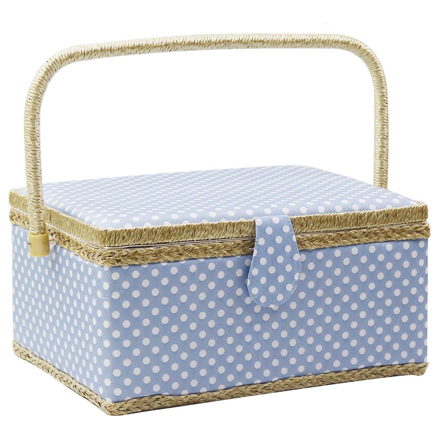 Photo 1 of Large Sewing Basket with Accessories,Wooden Sewing Organizer Box for Sewing Supplies and DIY Crafting Tools Storage,Sewing Kit Tools for Sewing Mending,Polka Dots(blue)