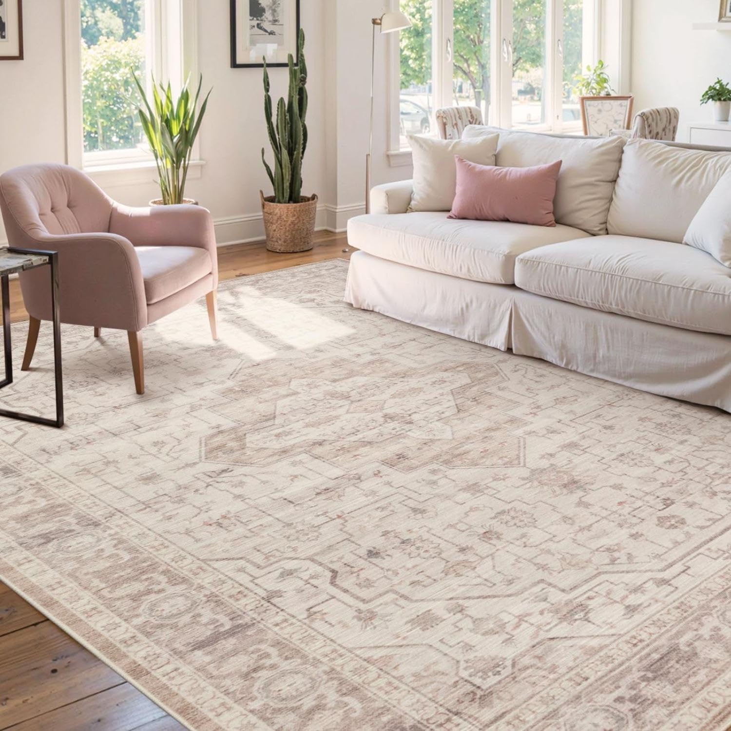 Rugxara Pink 6x9 Washable Area Rug for Living Room & Bedroom, Rugs for Girls Women, Non Slip, Durable Low Pile Carpet, Vintage Carpets for Office, Dining Room, Kids Room and Farmhouse Image