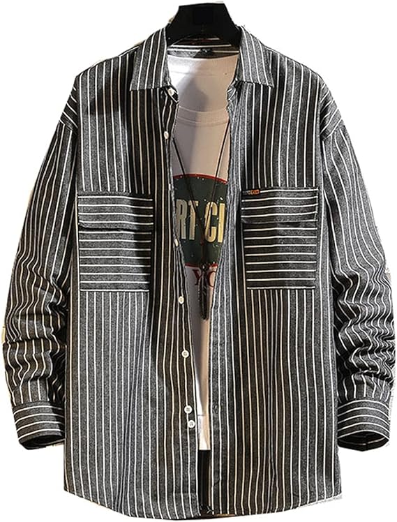 Amazon 韓国風 メンズ カジュアルシャツ ストライプシャツ 白 黒 ゆったり 学生 彼氏 男の子 長袖 カッコイイ 春夏秋 前開き 折り襟 速乾 汗染み防止 気持ちいい 通気性 オシャレ 軽い ポケット付き おおきいサイズ トップス アウトドア 日常 旅行 シャツ 通販