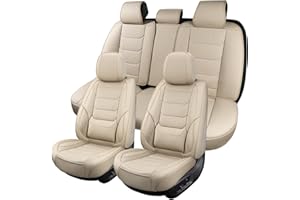 HOOZOOM Leather Car Seat Covers Full Set Waterproof Auto Seat Covers Breathable Seat Protectors Universal Fit for Most Automotive Cars SUV Trucks Van (Beige, Full Set)