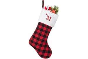 YOIRRAT 20 inches Large Initial Monogram Christmas Stocking Red Black Buffalo Plaid Personalized Christmas Stockings with Embroidered Letters Initial Christmas Stockings for Xmas Holiday Fireplace Decor (M)