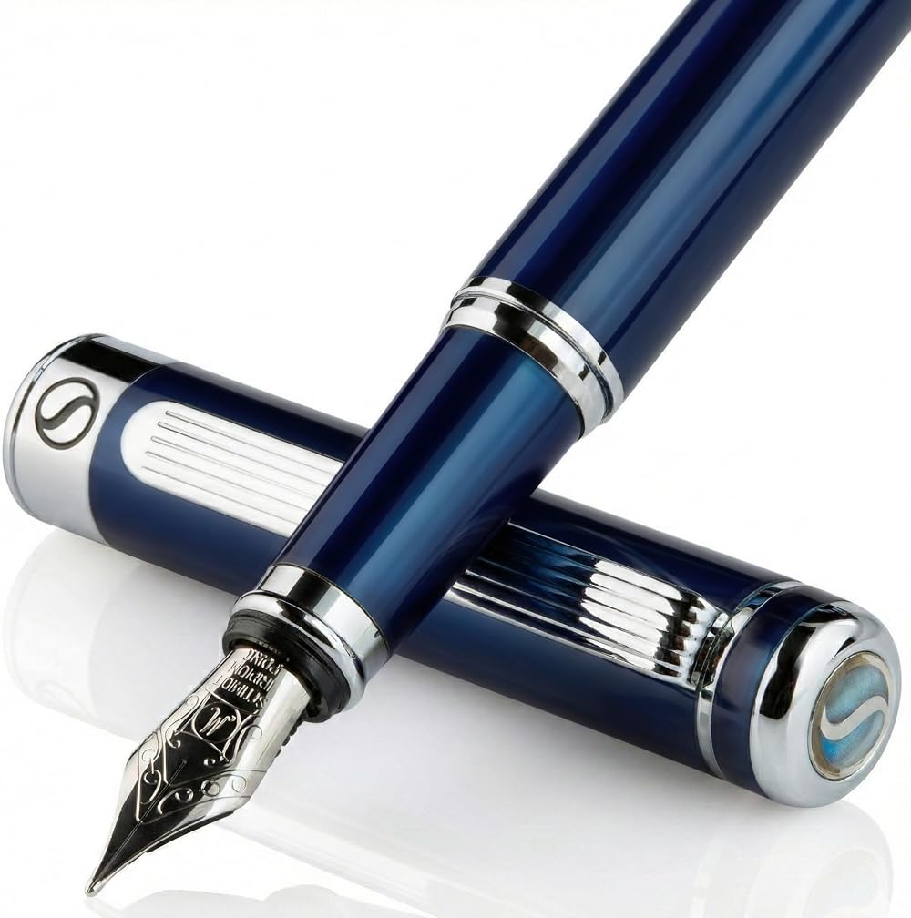 Scriveiner Blue Lacquer Fountain Pen with Chrome Finish Nib Medium Gift